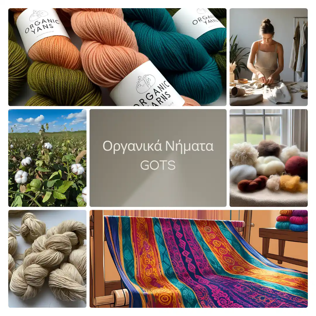 «» Ένα ψηφιακό κολάζ εικόνων με λευκά περιγράμματα, οργανωμένο ως καθαρό πλέγμα μικρότερων πλαισίων. Στο κέντρο, ένα γκρι-πράσινο μπλοκ κειμένου με μια διαγώνια σκιά περιέχει τον τίτλο: «Οργανικά Νήματα» πάνω από «GOTS». Το γύρω πλέγμα περιλαμβάνει εικόνες που απεικονίζουν τη διαδικασία του Global Organic Textile Standard (GOTS) από την πρώτη ύλη έως το τελικό προϊόν. Οι εικόνες περιλαμβάνουν: τσιλέδες από βαμμένο οργανικό νήμα σε διάφορα χρώματα (πράσινο, κοραλλί, τιρκουάζ) με χαρτί που γράφει «ORGANIC YARNS»· μια συγκεντρωμένη γυναίκα-τεχνίτρια που ταξινομεί νήματα σε ένα τραπέζι στο στούντιο της· πολύχρωμα νήματα από μαλλί (λευκό, φυσικό μαλλί, κόκκινο, κίτρινο) σε ένα ύφασμα κοντά σε ένα παράθυρο· φυτά βαμβακιού σε ένα χωράφι με λευκά άνθη κάτω από ένα μπλε ουρανό· τσιλέδες από φυσικό εκρού νήμα· και μια λεπτομερής εικονογράφηση ενός μεγάλου αργαλειού με ένα πολύπλοκο, πολύχρωμο ύφασμα (μπλε, μωβ, πορτοκαλί, κίτρινο) που υφαίνεται και πίσω τραπέζει με στοιβαγμένα πολύχρωμα νήματα σε τσιλέδες. Το καθαρό κολάζ χρησιμοποιεί φυσικούς γήινους τόνους αναμεμειγμένους με έντονα χρωματικά στοιχεία για να μεταδώσει τη ροή του GOTS προτύπου, από το χωράφι έως το τελικό χειροποίητο ύφασμα.