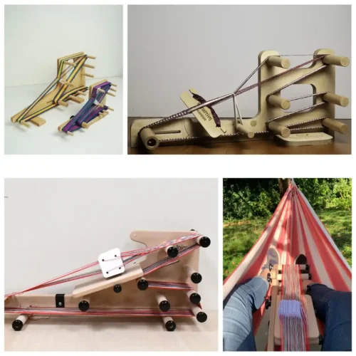 Κολάζ φωτογραφιών που παρουσιάζει την κατηγορία των αργαλειών ιμάντα (Inkle) που διατίθενται στην Εργαστίνη. Περιλαμβάνει συγκριτική άποψη ενός κανονικού και ενός μίνι ιμάντα, λεπτομερή κοντινά πλάνα των στημένων αργαλειών με τα μιτάρια και τη σαΐτα, και μια φωτογραφία τρόπου ζωής που δείχνει έναν υφαντή να δημιουργεί μια πολύχρωμη ταινία σε έναν μίνι αργαλειό, Inkle ενώ χαλαρώνει σε μια αιώρα.