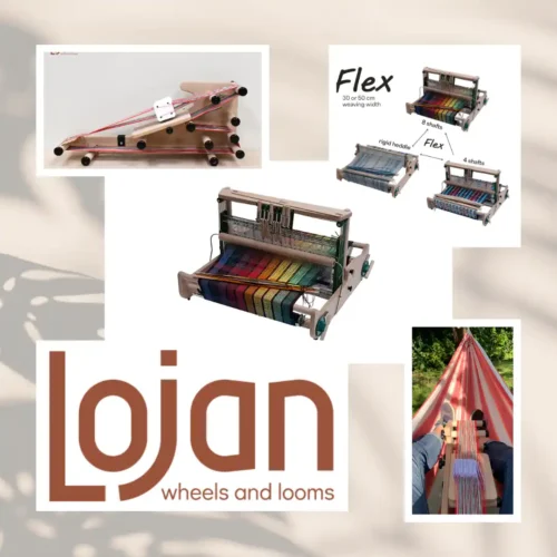 Αργαλειοί Lojan Ένα κολάζ εικόνων για την εταιρεία Lojan, με επίκεντρο τον αργαλειό Flex. Το κολάζ περιλαμβάνει μια εικόνα του αργαλειού Flex με πλούσιο, πολύχρωμο υφαντό (ουράνιο τόξο), μια άλλη άποψη του αργαλειού με στημόνι, και ένα επεξηγηματικό διάγραμμα που δείχνει τις τρεις διαμορφώσεις του αργαλειού: ως σταθερού μίτου, με 4 μιτάρια, και με 8 μιτάρια. Στο κάτω μέρος υπάρχει το λογότυπο της εταιρείας Lojan με κεφαλαία γράμματα και την υπογραφή «wheels and looms».