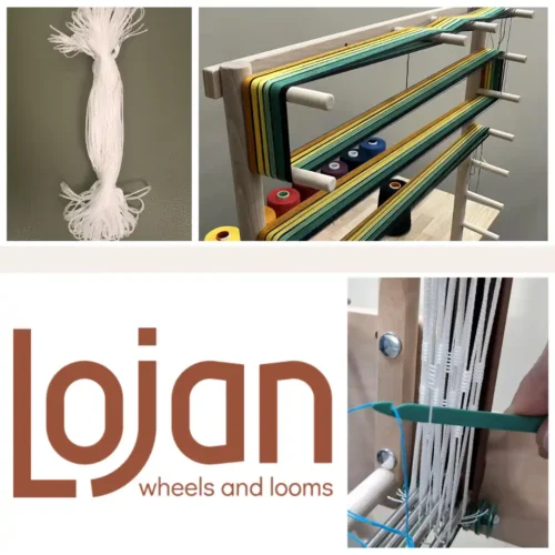 Αξεσουάρ υφαντικής Ένα κολάζ εικόνων με αξεσουάρ υφαντικής της εταιρείας Lojan. Το κολάζ περιλαμβάνει μια εικόνα μιας δεσμίδας με λευκά νήματα μιταριών, μια άλλη εικόνα που δείχνει μια διάστρα και μια κοντινή εικόνα με έναν κλέφτη κατά της διαδικασίας περάσματος μιταριών σε έναν αργαλειό. Στο κάτω μέρος υπάρχει το λογότυπο της Lojan με κεφαλαία γράμματα και την υπογραφή «wheels and looms».