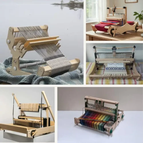 Κολάζ φωτογραφιών που παρουσιάζει την κατηγορία των επιτραπέζιων αργαλειών (table looms). Περιλαμβάνει πέντε διαφορετικά στιγμιότυπα με ξύλινους αργαλειούς πολλαπλών μιταριών από κορυφαίες εταιρείες όπως η Louet, η Lojan και η Toika. Οι αργαλειοί παρουσιάζονται σε δράση, τοποθετημένοι σε τραπέζια ή στη φύση, πλήρως στημένοι και υφαίνοντας ποικίλα σχέδια: από μίνιμαλ υφάσματα και εντυπωσιακά γεωμετρικά μοτίβα, μέχρι ζωντανά πολύχρωμα ουράνια τόξα, αναδεικνύοντας τις τεράστιες δυνατότητές τους.