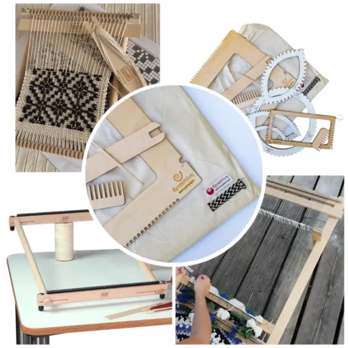 Tapestry and frame looms Κολάζ φωτογραφιών που παρουσιάζει την κατηγορία των αργαλειών πλαισίου και των τελάρων ταπισερί. Περιλαμβάνει τα ξύλινα τελάρα Louët Lisa σε διάφορα μεγέθη, τον αργαλειό Tiina της Toika και τα ιδιαίτερα ξύλινα εργαλεία και μίνι τελάρα της Εργαστίνης (σε κυκλικά και γεωμετρικά σχήματα) τοποθετημένα πάνω σε υφασμάτινες θήκες.