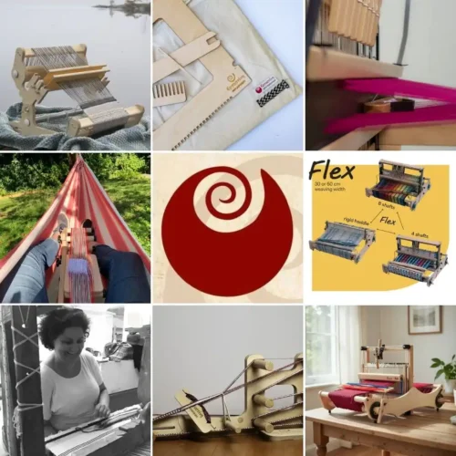 Αργαλειοί Κολάζ φωτογραφιών που παρουσιάζει την κατηγορία των αργαλειών. Περιλαμβάνει στιγμιότυπα από διάφορα είδη των εταιρειών Lojan, Louet και Toika, όπως επιτραπέζιους αργαλειούς με πολύχρωμα στημόνια, αργαλειούς ιμάντα (Inkles) σε χρήση σε εσωτερικούς και εξωτερικούς χώρους, ξύλινα εξαρτήματα υφαντικής, και το ενημερωτικό διάγραμμα του αργαλειού Flex. Στο κέντρο δεσπόζει το κόκκινο σπειροειδές λογότυπο της Εργαστίνης, ενώ διακρίνεται και η Ζωή εν ώρα ύφανσης.