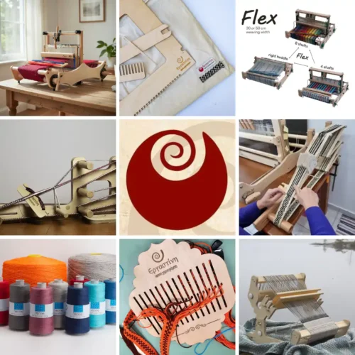 Κολάζ που παρουσιάζει το εύρος των προϊόντων υφαντικής που μπορείτε να προμηθευτείτε από την Εργαστίνη, όπως επιτραπέζιους αργαλειούς, αργαλειό ιμάντα (Inkle loom), μικρά τελάρα υφαντικής, αργαλειούς σταθερού μίτου και ποικιλία οργανικών νημάτων.