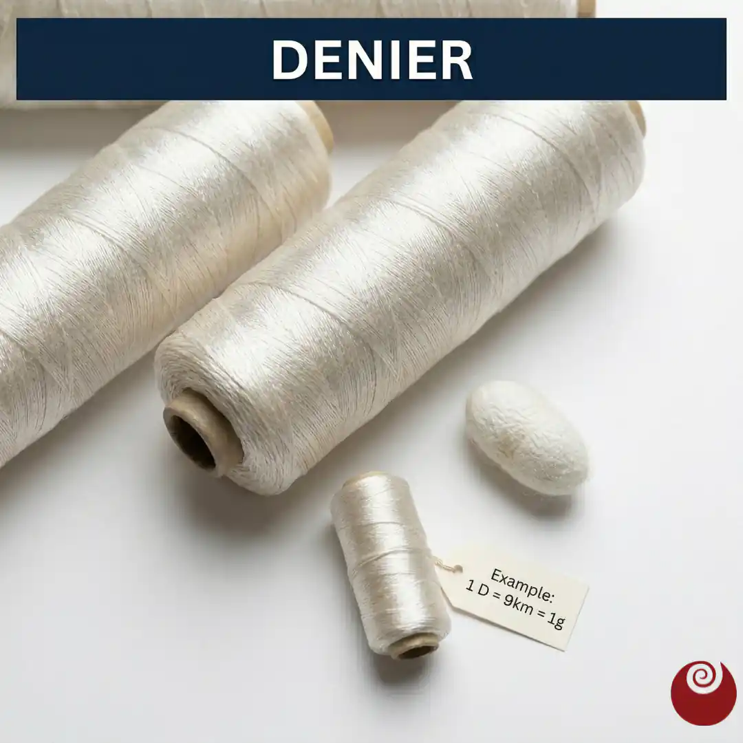 Μια κοντινή φωτογραφία (macro) που εστιάζει σε υλικά μεταξιού. Στο κέντρο υπάρχει μια μεγάλη μπομπίνα με γυαλιστερό λευκό μεταξωτό νήμα, με έντονη λάμψη. Δίπλα της διακρίνεται ένα αληθινό λευκό κουκούλι μεταξοσκώληκα και λεπτές κλωστές μεταξιού. Μια μικρή μπομπίνα φέρει μια ετικέτα με το κείμενο "Example: 1 D = 9km = 1g". Στο πάνω μέρος, μια μπλε μπάρα αναγράφει με λευκά γράμματα τον τίτλο "DENIER".