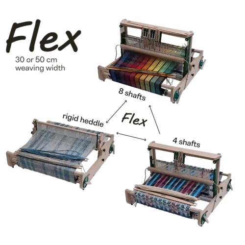 Lojan Flex επεκτασεις Ενημερωτικό διάγραμμα που απεικονίζει το ευέλικτο σύστημα μετατροπής του επιτραπέζιου αργαλειού Lojan Flex. Το γράφημα δείχνει τρεις διαφορετικές διαμορφώσεις του αργαλειού (πλήρως στημενες με νήματα) συνδεδεμένες με βέλη: διαμόρφωση σταθερού μίτου (rigid heddle), 4 μιταριών και 8 μιταριών. Το κείμενο επισημαίνει ότι ο αργαλειός διατίθεται σε πλάτος ύφανσης 30 ή 50 εκατοστών, αναδεικνύοντας πώς μπορεί να αναβαθμιστεί ή να αλλάξει μορφή ανάλογα με τις ανάγκες σας.