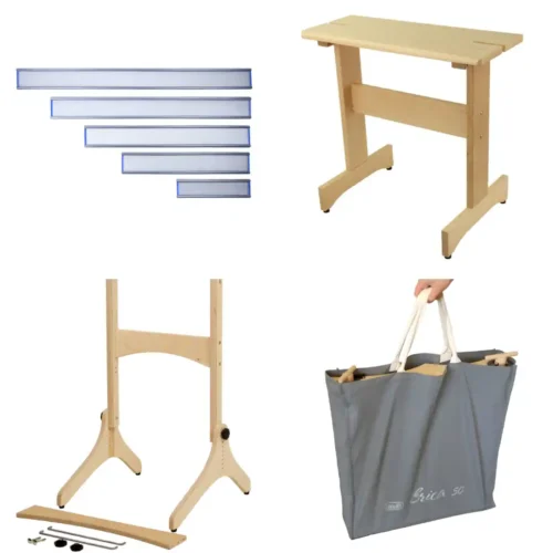 Louet αξεσουάρ αργαλειών Ένα κολάζ τεσσάρων φωτογραφιών που παρουσιάζει αξεσουάρ αργαλειών της Louët σε λευκό φόντο. Περιλαμβάνει (πάνω αριστερά) πέντε μεταλλικά χτένια υφαντικής σε διάφορα μήκη, (πάνω δεξιά) έναν συμπαγή ξύλινο πάγκο υφαντικής, (κάτω αριστερά) μια ξύλινη βάση δαπέδου για αργαλειό με τα εξαρτήματα συναρμολόγησης, και (κάτω δεξιά) μια γκρι υφασμάτινη τσάντα μεταφοράς για τον αργαλειό Erica.