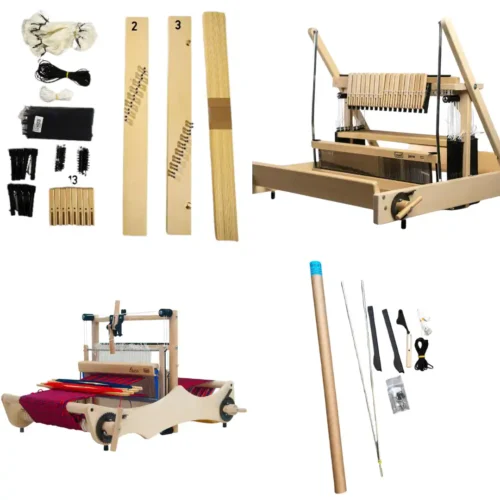 Κολάζ τεσσάρων φωτογραφιών που απεικονίζει την κατηγορία εξαρτημάτων επέκτασης αργαλειών της Louët. Περιλαμβάνει (πάνω αριστερά) ένα σετ επέκτασης 8 μιταριών, (πάνω δεξιά) τον επιτραπέζιο αργαλειό Jane, (κάτω αριστερά) τον επιτραπέζιο αργαλειό Erica, και (κάτω δεξιά) ένα κιτ επέκτασης μιταριών Erica.