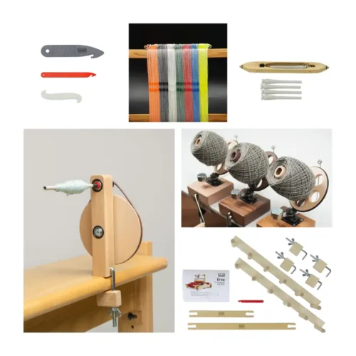 Louet αξεσουάρ υφαντικής Κολάζ που δείχνει αξεσουάρ υφαντικής της Louet, κλέφτες μιταριών, μιτάρια, σαΐτα βάρκα, διάστρα και επίπεδες σαΐτες, μασουρίστρα και κουβαρίστρες.