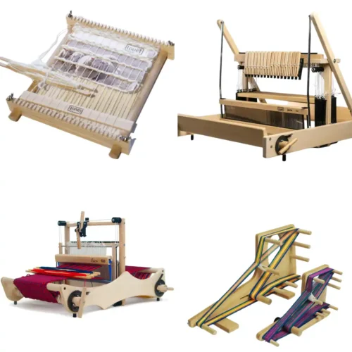 Louet αργαλειοί Ένα κολάζ που παρουσιάζει τη συλλογή αργαλειών της Louët. Η εικόνα περιλαμβάνει (πάνω αριστερά) τον ξύλινο αργαλειό-τελάρο ταπετσαρίας Lisa, (πάνω δεξιά) τον επιτραπέζιο αργαλειό πολλαπλών μιταριών Jane, (κάτω αριστερά) τον επιτραπέζιο αργαλειό Erica στημένο με κόκκινο και μπλε νήμα, και (κάτω δεξιά) δύο ξύλινους αργαλειούς ιμάντα (inkle looms) σε διαφορετικά μεγέθη, στημένους με πολύχρωμα νήματα.