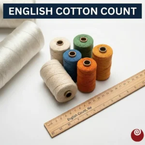 Μια κοντινή φωτογραφία τεσσάρων μπομπίνων με βαμβακερό νήμα σε χρώματα κρεμ, μπλε, πράσινο και πορτοκαλί, τοποθετημένων τακτικά πάνω σε μια καθαρή λευκή επιφάνεια. Μπροστά τους βρίσκεται ένας ξύλινος χάρακας ακριβείας που δείχνει τις ενδείξεις English Count, Ne. Στο πάνω μέρος, μια μπλε μπάρα αναγράφει με λευκά γράμματα τον τίτλο ENGLISH COTTON COUNT.