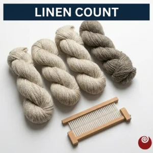 Μια κοντινή φωτογραφία τεσσάρων τσιλέδων από λινό νήμα σε φυσικούς, γήινους τόνους του κρεμ, του μπεζ και του ανοιχτού καφέ, που αναδεικνύουν την αδρή υφή των ινών του λινού. Στο πάνω μέρος, μια μπλε μπάρα αναγράφει με λευκά γράμματα τον τίτλο "LINEN COUNT".