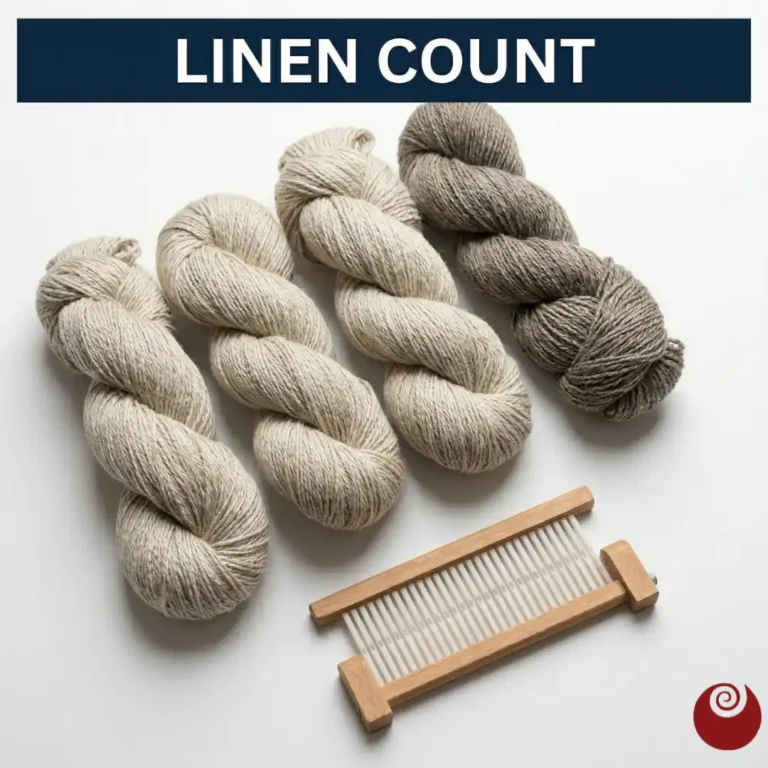 Μια κοντινή φωτογραφία τεσσάρων τσιλέδων από λινό νήμα σε φυσικούς, γήινους τόνους του κρεμ, του μπεζ και του ανοιχτού καφέ, που αναδεικνύουν την αδρή υφή των ινών του λινού. Στο πάνω μέρος, μια μπλε μπάρα αναγράφει με λευκά γράμματα τον τίτλο "LINEN COUNT".