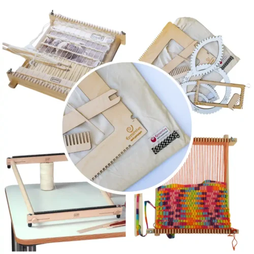 Κολάζ φωτογραφιών που παρουσιάζει την κατηγορία των τελάρων ταπισερί. Περιλαμβάνει τα ξύλινα τελάρα Louët Lisa σε διάφορα μεγέθη, ένα κάθετο τελάρο με μια πολύχρωμη, ογκώδη ύφανση, και τα ιδιαίτερα ξύλινα εργαλεία και μίνι τελάρα της Εργαστίνης (σε κυκλικά και γεωμετρικά σχήματα) τοποθετημένα πάνω σε υφασμάτινες θήκες.