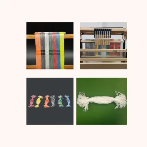 Ένα κολάζ τεσσάρων φωτογραφιών που παρουσιάζει διάφορες μορφές και χρήσεις των μιταριών. Πάνω αριστερά: Χρωματιστά μιτάρια τοποθετημένα και οργανωμένα σε ένα ξύλινο υποστήριγμα (μια βέργα αργαλειού), δείχνοντας την οργάνωσή τους σε ομάδες χρωμάτων. Πάνω δεξιά: Μια φωτογραφία ενός ξύλινου επιτραπέζιου αργαλειού σε λειτουργία, δείχνοντας τα χρωματιστά μιτάρια εγκατεστημένα στα τελάρα, έτοιμα για ύφανση. Κάτω αριστερά: Πολλαπλές δεσμίδες από χρωματιστά μιτάρια έτοιμα για χρήση. Κάτω δεξιά: Μια μεγάλη, λευκή δεσμίδα με μιτάρια, δεμένη με κλιπ. Η εικόνα αναδεικνύει την ποικιλία χρωμάτων, τη δομή, τα κλιπ για εύκολη τοποθέτηση και την πρακτική εφαρμογή των μιταριών.