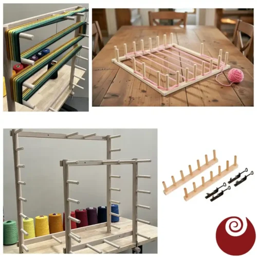 Κολάζ τεσσάρων φωτογραφιών που παρουσιάζει μια ποικιλία από ξύλινες διάστρες. Περιλαμβάνει διάστρες Lojan διαφόρων μεγεθών στημένες πάνω σε ένα τραπέζι, με και χωρίς πολύχρωμα νήματα, μια τετράγωνη επιτραπέζια διάστρα Toika με ροζ νήμα πάνω σε ξύλινο τραπέζι, και ένα σετ της Louet με διάστρας και μεταλλικούς σφιγκτήρες. Κάτω δεξιά διακρίνεται το κόκκινο σπειροειδές λογότυπο της Εργαστίνης.